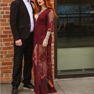 Long red deep v boho lace dress /romper insert